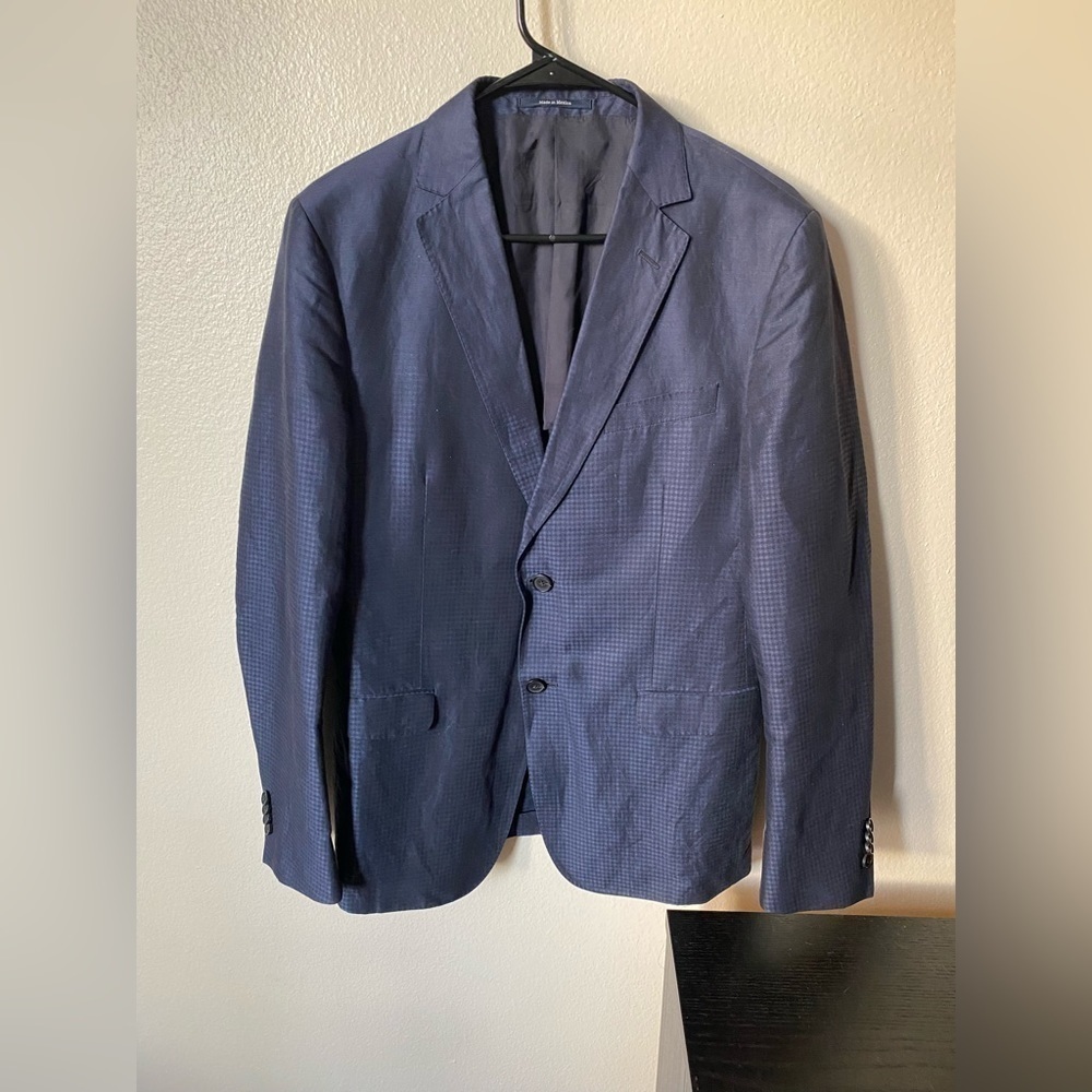 Z Zegna Men’s Blazer Sport Coat Blue Size 50R Degraded Check Linen Cotton